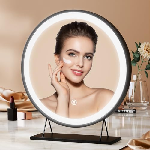 Heilmetz Schminkspiegel mit Beleuchtung Rund, LED Hollywood Spiegel mit Beleuchtung, Dimmbar 3 Lichtfarben, Touch Schalter, Makeup Schminkspiegel mit Licht Φ40cm, Schwarz