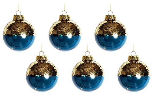 Translucent Navy Blue With Gold Glitter Christmas Tree Baubles (Set of 6)