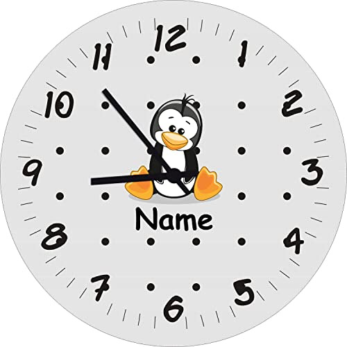 Shirtinstyle Kinderzimmeruhr mit Tiermotiv Pinguin mit Wunschnamen Geschenk Uhr Kinder Handmade Wanduhr Wunschtext Name, 29cm, Farbe Hellgrau