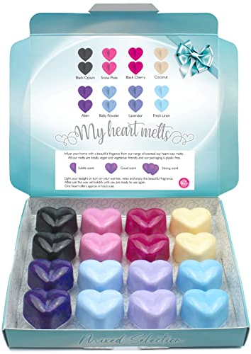Mixed Scents Wax Melts: 16 Heart Shaped Melts in a Presentation Gift Box 2 of Each Black Opium, Alien, Snow Pixie, Lavender, Baby Powder, Black Cherry, Fresh Linen and Coconut