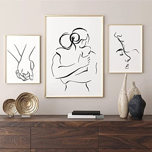 Romantisches Liebespaar Linie Bilder Küssen Umarmen Hände Halten Leinwand Wandbild Wanddeko Wohnzimmer Wohnkultur Wandbild Modern Kunstposter Rahmenlos (3X60X80CM)