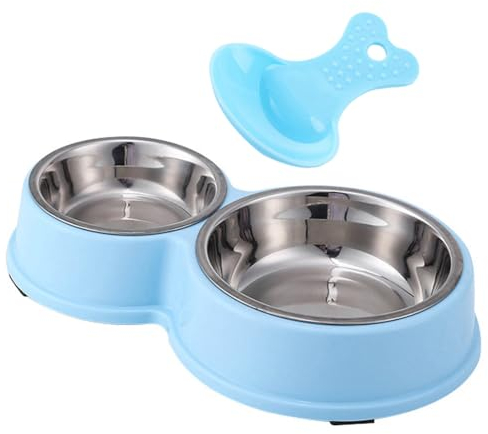 KuTi Kai Double Dog Bowls - Stainless Steel & Plastic Anti-Spill Set with Food & Water Feeder (Blue)