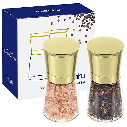 Vzaahu Salt and Pepper Grinders 2 Set with Ceramic Core Cinnamon,Adjustable Coarseness,Color Gold,Portable,Refillable Spice Mills,Home Kitchen Birthday,Housewarming Gifts