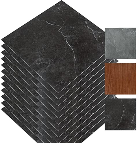 Eulenke PVC Bodenbelag Selbstklebende Bodenfolie Selbstklebend Bodenfliese Aufkleber Badezimmerfliese Bodenfliesen Vinyl 30x30cm Schwarzer Marmor 9.9m²/22 Fliese(110X)