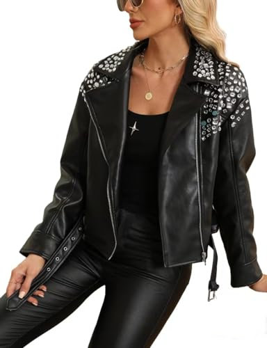 BELLIVERA Damen Kunstlederjacke Moto Biker Kurzer Frühlingsmantel Casual PU mit Gürtel 3219 Schwarz S
