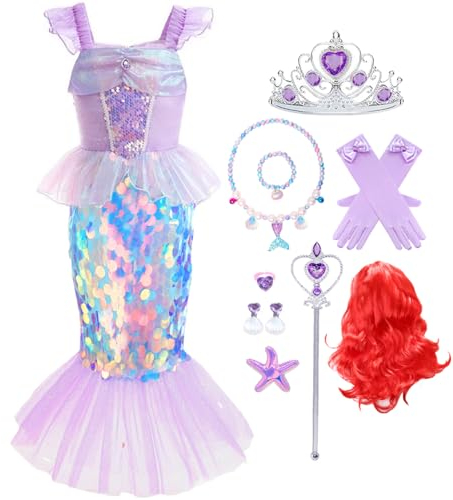 Snyemio Meerjungfrau Kostüm Mädchen Arielle Kleid Kinder mit Perücke Verkleidung für Fasching Halloween Geburtstag Party Karneval, Lila, 116-122(Etikett 120)
