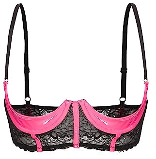 Fldy Womens Sexy Half Cup Bra Open Nipple Lingerie Bra Top Patent Leather Underwired Unlined Brassiere Pink C XL