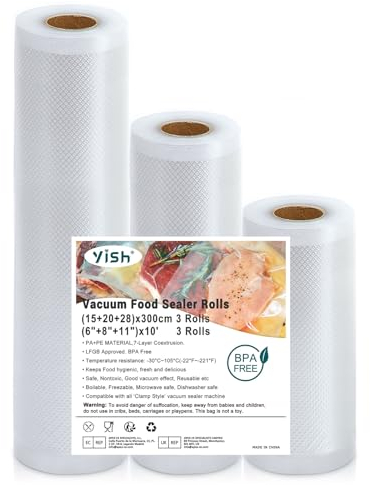 YISH Vakuumierbeutel 3 Rollen Vakuumierfolie: Vakuumbeutel Lebensmittel 15/20/28x300cm, Profi Folienrollen BPA-frei, Vakuumbeutel für Alle Vakuumierer und Sous Vide, Mehrweg, Stark und Reißfest