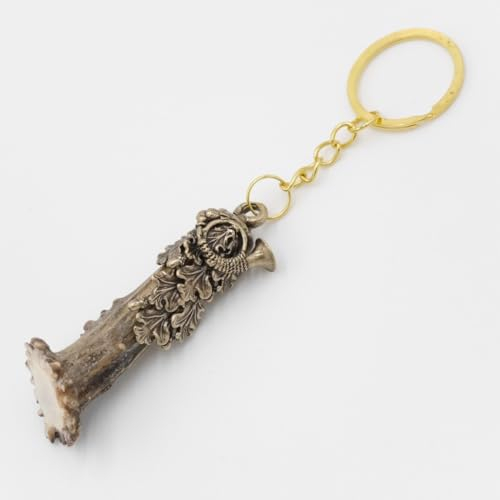 GTK - Geweihe & Trophäen KRUMHOLZ Schlüsselanhänger Rehbock Stange mit Rose Laub Jagdhorn Fassung Anhänger REH Länge 13 cm 29.M5.4