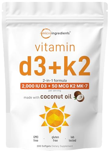 Micro Ingredients Vitamin D3 2,000 IU + K2 MK-7 50 mcg, 300 Softgels | Made with Coconut Oil | 2-in-1 Formula | Easy to Swallow, Non-GMO