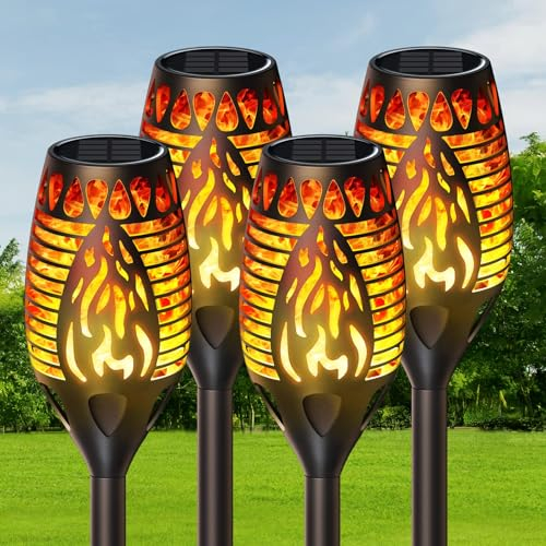 RECHOO Solarlampe für Außen Garten, 4 Stück Solar Fackeln für Außen Flackernd, IP65 Wasserdicht Solarleuchten für Außen Gartendeko, LED Gartenbeleuchtung Solar Außen für Gärten, Rasen, Weg Beleuchtung