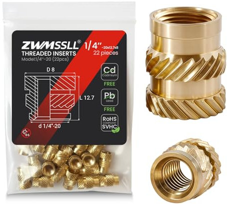 Zwmssll 1/4'' Threaded Inserts,1/4-20 Heat Set Insert,22 Pieces 1/4 20x12.7x8 Knurled Nuts,Brass Threaded Inserts for Plastic and 3D Printing Components