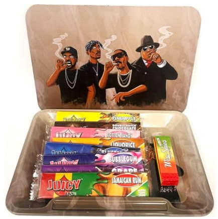 Customised Rapper Small Rolling Tray Bundle Made With Juicy Jay's King Size Slim Papers And Wise Skies Rolling Tips Rapper Tray With Magnetic Lid Gift Set Bundle