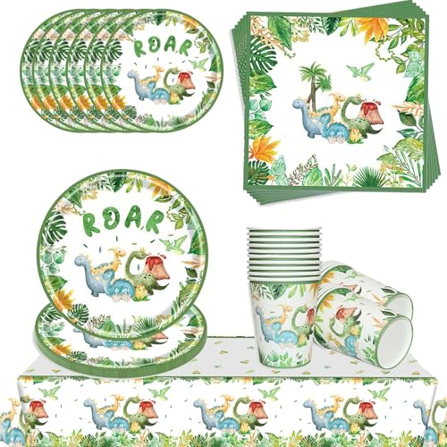 Lot de 41 vaisselle de fête dinosaure - Assiettes en carton - Tasses - Serviettes pour fête d'anniversaire d'enfant - Décoration d'anniversaire pour garçon et fille