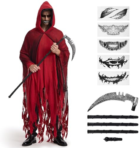 BuzzoXerex Sensenmann Kostüm Herren, Geister Kostüm Erwachsene Halloween Umhang mit Kapuze Zerrissenen Robe mit Kapuze mit Sensen & Horror Tattoo Aufkleber für Halloween Karneval (Rot)