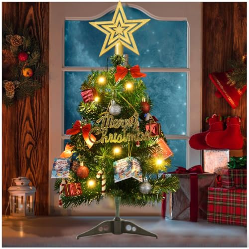 XineYuor Albero di Natale Piccolo,Mini Albero di Natale 30cm,Albero di Natale da Tavolo Artificiale con luci a LED e Decorazioni per Natale Casa Cucina Tavolo da Pranzo
