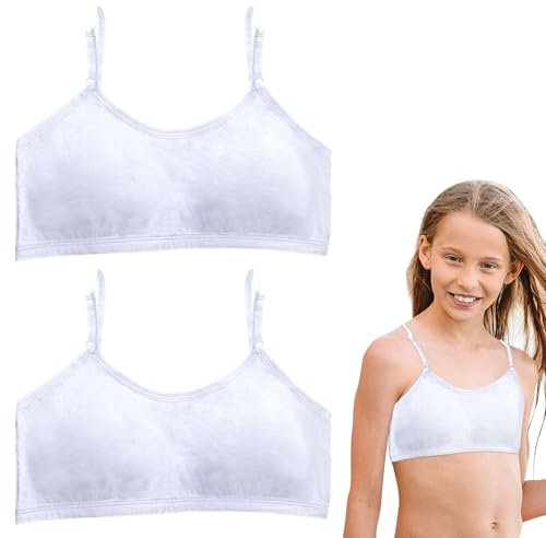 FUIPVGI 2 Stück Bustier Damen Baumwolle, Bustier Mädchen Gepolstert, Nahtloser Trainings -BH, Teens Unterwäsche mit Verstellbarem Schultergurt, Mädchen-Sport-BH, für 10–16 Jahre (Weiß, Einheitsgröße)