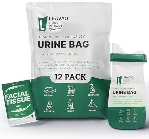 Leavaq Disposable Urine Bags, 12 Pack 800ml Portable Urinal and Female Urinal for Travel, Leakproof Emergency Toilet Solution, Uni Pie Bags for Men, Women, Camping, Jam and Kids -