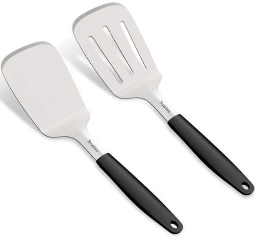 Svailse Stainless Steel Spatula Set, Large 13.4 In Metal Spatula for Kitchen Use, Heavy Duty BBQ Turner with Silicone Handle, Set of 2 Solid & Slotted Flipper for Cast Iron Skillet, Grilling & Cooking