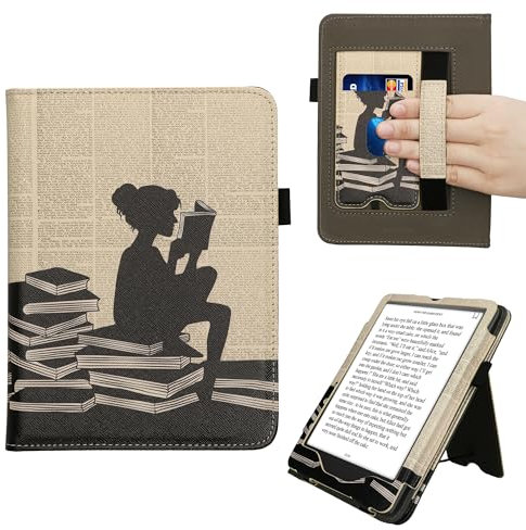 kwmobile Flip Cover kompatibel mit Amazon Kindle Paperwhite (2024)/Colorsoft - Hülle mit Handschlaufe Lesende Frau Schwarz Beige
