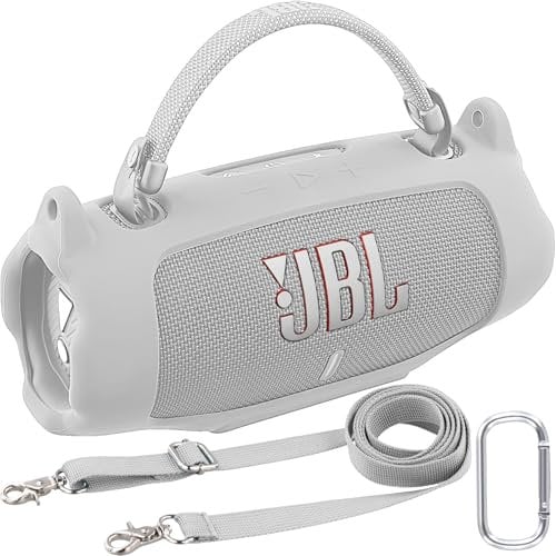 Khanka for JBL Charge 6 Silicone Protective Cover with Detachable Shoulder Strap & Utility Hook, Flexible Soft Case for JBL Charge 6 Portable Bluetooth Speaker,Case Only (White)