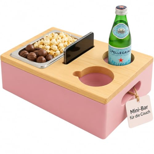 MIJOMA Couchbar Snackbox – Sofa Organizer & Tablett mit Getränkehalter, Edelstahlschale & Handyfach – Aufbewahrungsbox aus Holz für Couch, Bett & Wohnraum (Rosentau, Kompakt)