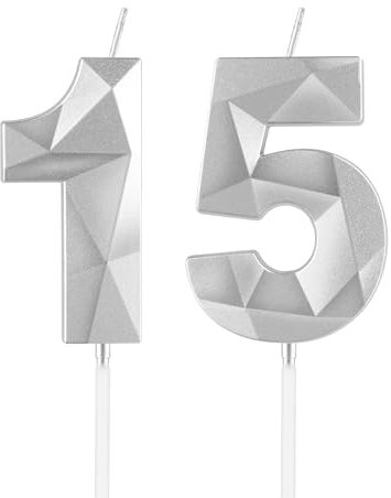 Silberne Kerzen zum 15th Geburtstag, 3D Silberne Zahl 15 Kerze für Kuchen, Junge Mädchen 15th Geburtstag Dekorationen,Silber Kuchendekorationen, Silberne Kerze Kuchen für Geburtstagsfeier Hochzeitstag