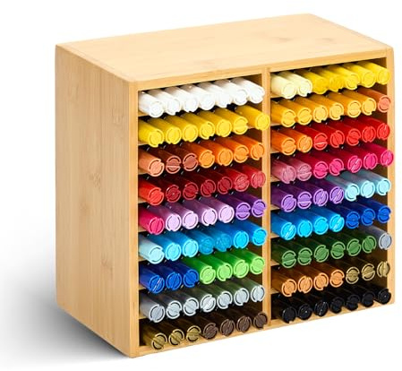 MEEDEN Bamboo Marker Holder Organizer: Holds 126 Pens with 18 Compartments | Art Supply Storage Desktop Holder with 32 Compartments for Alcohol Markers, Pens, Pencils, Brushes, Stationary