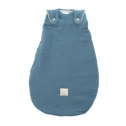TRÄUMELAND Babyschlafsack aus Musselin jeansblau, atmungsaktiv, leicht & hautfreundlich, mitwachsender Ganzjahres-Babyschlafsack mit integrierter Belüftung, 2.5 TOG, Öko-Tex 100 zertifiziert