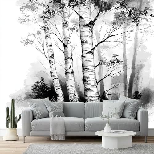 Fototapete Tuschemalerei Birkenwald Vlies 3D Tapeten Moderne Wandtapete 400 x 280 cm Wohnzimmer Schlafzimmer Schwarz Weiß