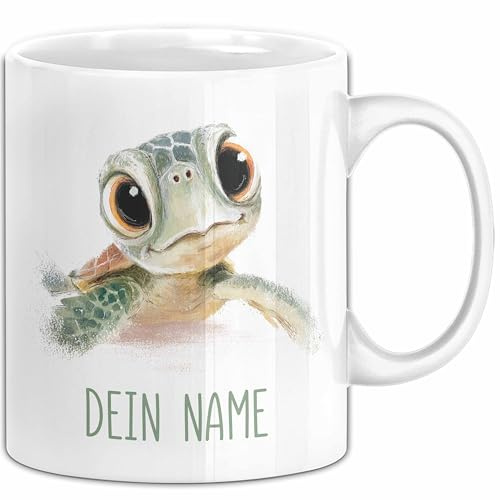Schildkröten Tasse mit Namen – Personalisierte Tasse für Geburtstag Geschenkidee Tiermotiv Namenstasse (Weiß)