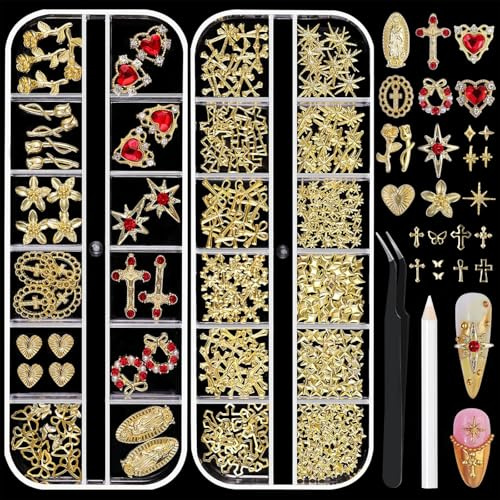 2 Boxes Gold Nail Art Charms, 3D Flower Butterfly Cross Nail Gems And Charms For Nails Design Flatback Metallic Heart Star Nail Jewelry Rhinestones Nail Supplies With Tweezers For Women Diy Craft