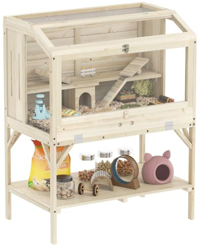 PawHut Hamsterkäfig aus Holz 2 Etagen mit Ablagefach 84 x 53 x 110 cm Natur | Mit Unterem Ablagefach, Zu Öffnendem Deckel, Tablett, Wippen, Rampe, Nagarium, Kleintierkäfig Mit Hütte