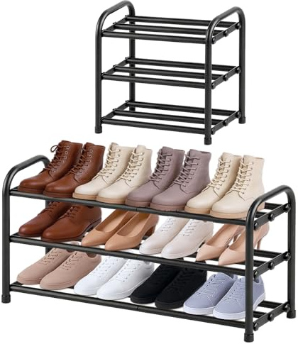 MIKVOYO Platzsparend Schuhregal Metall Schwarz, 3 Ebenen | Ausziehbar 45-80cm Breit Schuhorganizer, 5 Minuten Schnelle Montage, Ideal Für Camping, Flur, Outdoor Draußen