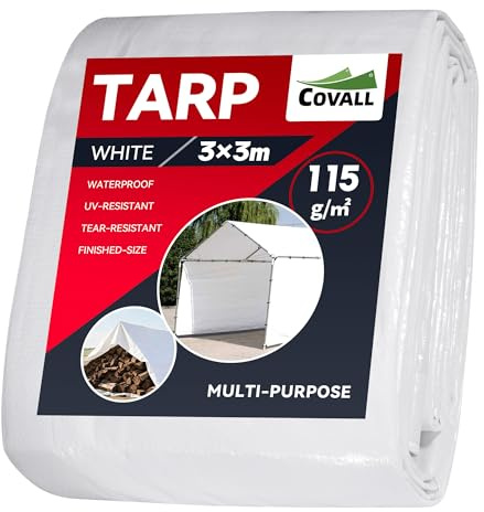 COVALL Lona impermeable de 3 x 3 m, lona resistente al agua de 115 g/m², hojas blancas para el suelo para acampar con ojales, cubierta resistente al viento para pérgola al aire libre, techo, cenador