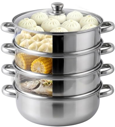 Dampfgarer 28 cm aus Edelstahl, 3- & 4-stöckiger Dampfgarer Topf mit Glasdeckel, Stapelbarer Dampfkochtopf für Gemüse, Fisch, Pasta & Suppen, für Induktion & Gas (4-Etagen)