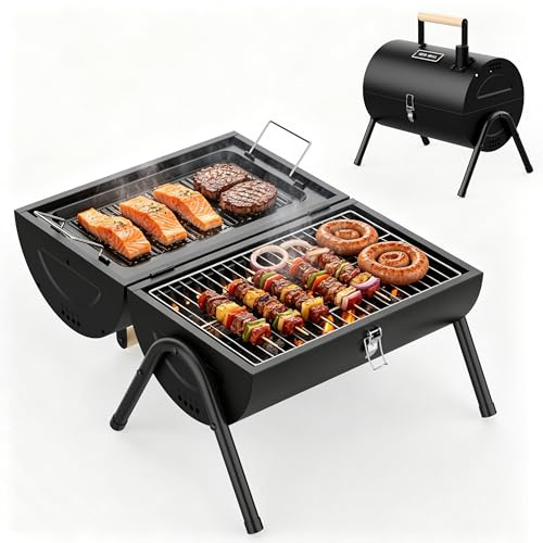 KEYO Barbecue au Charbon de Bois 2-en-1 avec Poêle Émaillé Haute Densité | Petit BBQ Extérieur avec Double Surface de Cuisson, Fumoir de Camping Portable pour Jardin, Abri, Terrasse- 236 Sq In
