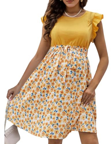 Hearda Robe Maternité pour Femme, Floral Chic Robe de Grossesse, Confort Femme Enceinte Grossesse Vêtements pour Vacances, Voyages, Loisirs, Baby Shower, Bureau et Quotidien
