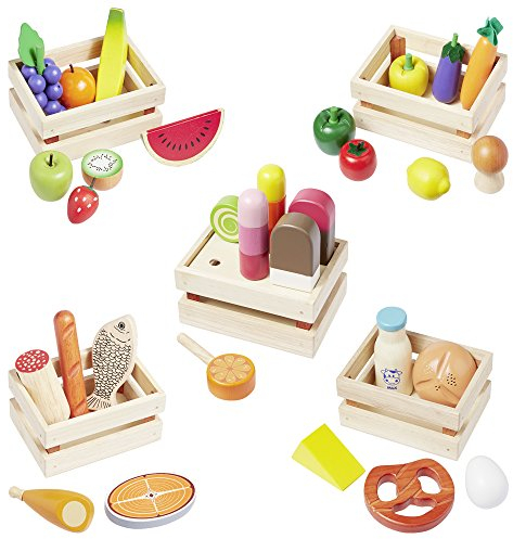 howa Kaufladen Zubehör aus Holz - 35-teiliges Kaufmannsladen Zubehör Set mit Obst, Gemüse, Backwaren, Milchprodukten, Fisch, Fleisch und EIS - in 5 Holzkistchen 14876