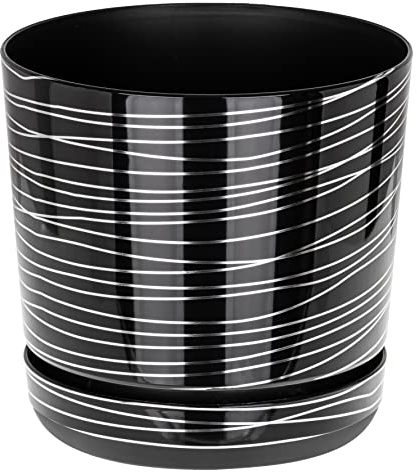 KORAD Black with Silver Stripes Large Self Watering flower indoor plant pot with saucer plastic gloss modern decorative planter with drainage holes (21 cm - 8.3 inch)