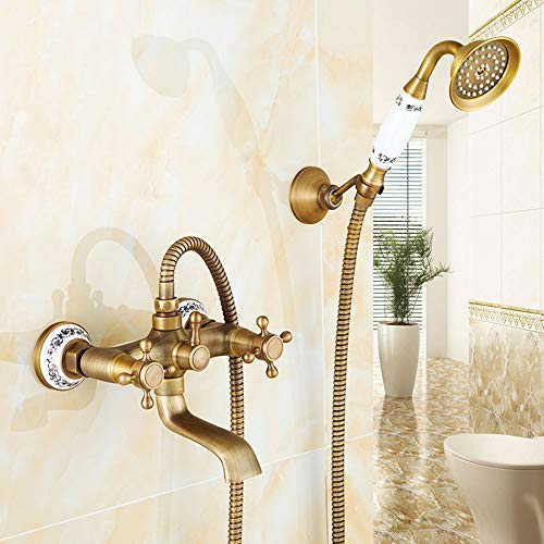 HomeLava Grifo de Ducha, Grifo Bañera Monomando Mezclador Ducha con 150 cm Manguera y Soporte, Mango doble,Montaje en pared,Latón,Antiguo,Giratorio de 360°
