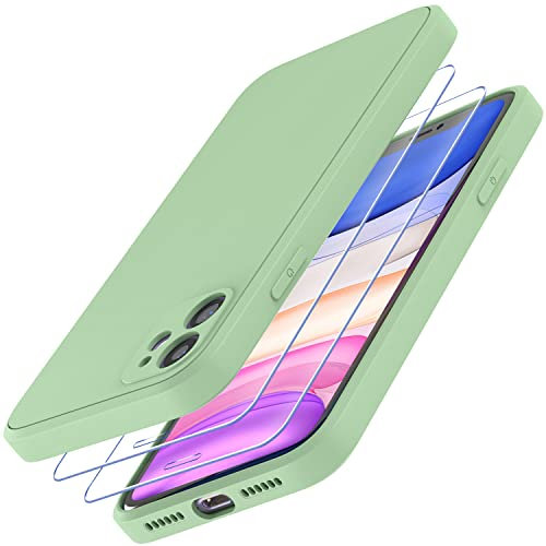 Losvick for iPhone 11 Phone Case with 2 x Tempered Glass Screen Protector, Liquid Silicone Slim Soft Shockproof Bumper Microfiber Lining Anti-Scratch Cover for iPhone 11-6.1 inch- Light Green