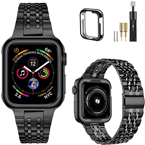 MioHHR Compatible with Apple Watch Strap 42mm 44mm 45mm, Solid Stainless Steel Metal Band for iWatch Series 9 8 7 6 5 4 3 2 1 SE Men and Women (Black)