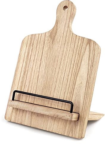 Soporte para libros de cocina, soporte de madera para recetas, soporte para libros de recetas con soporte ajustable, soporte para libros de cocina rústico, marrón