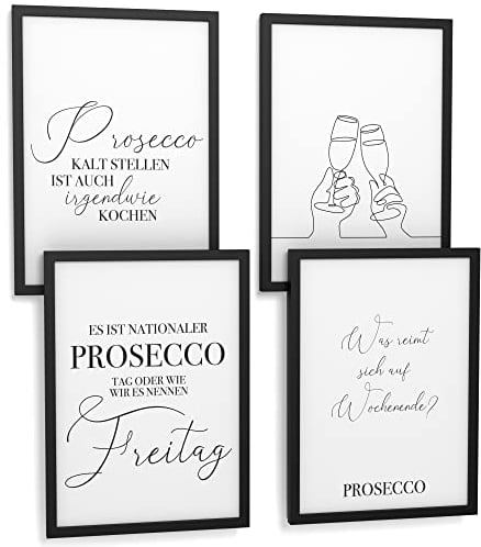 Papierschmiede® Premium Spruchbilder Set 4er mit Rahmen, DIN A4 fertig gerahmt (Material und Farbe wählbar) Motiv: Prosecco (deutsch), Bilder Set mit Sprüchen, Poster Typografie Küche Esszimmer