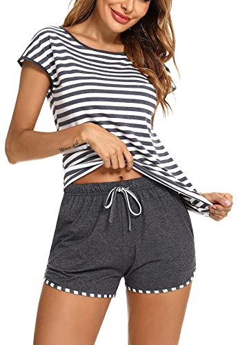 Aseniza Schlafanzug Damen Kurz Baumwolle Pyjama Set Rundhals Zweiteiliger Nachtwäsche Shorty Loungewear Sleepwear für Sommer