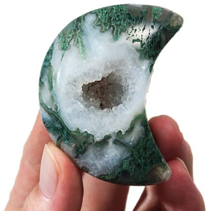 Cristal de ágata de musgo natural Luna en forma de corazón Piedras preciosas Talla de cristal Artesanía Piedra de palma Caída Piedra de chakra pulida Piedra de preocupación DIY