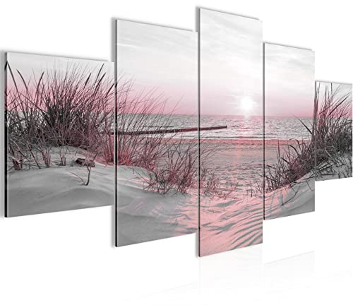 Runa Art Coucher du soleil Plage Tableau Murale Impression sur Toile Intissee 5 Parties Mer Nature Gris Rose Chambre Salle 041753b