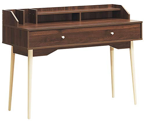 GOPLUS Bureau d'Ordinateur avec Tiroir avec Poignées Pratiques, Table de Travail avec Niche de Rangement à 2 Niveaux, Table d’Études avec Pieds en Bois, pour Bureau, Salle d'Étude (Noyer)
