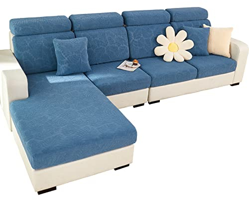 SHANNA Sofa Überzug Stretch, Couch Sofabezug 1 2 3 Sitzer L Form Ecksofa, Sofa Cover Sitzkissenbezug Sofaüberwürfe rutschfest Möbelschutz mit Elastischem Boden,(Blätter Marineblau, Recamiere)
